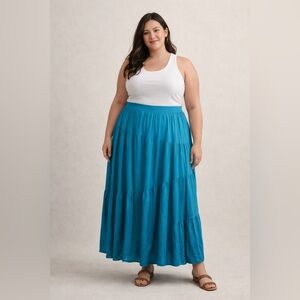 ANRABESS Teal Tiered Midi Skirt | Size XL | Flowy Boho Elastic Waist